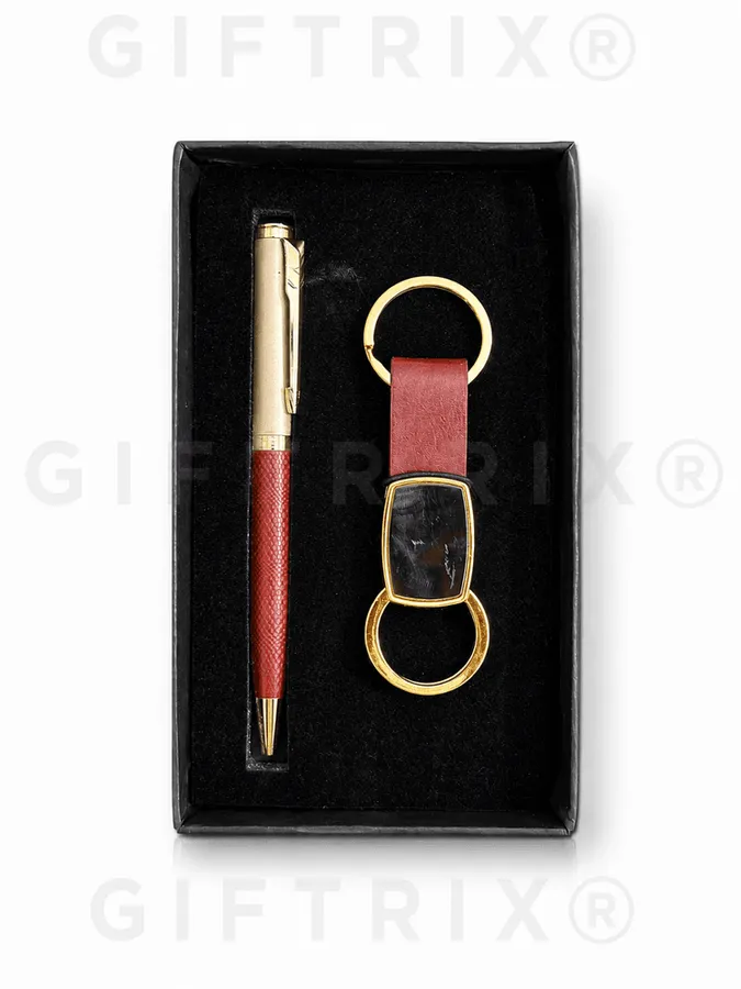 Gold Pen & Red Leather Keychain Set