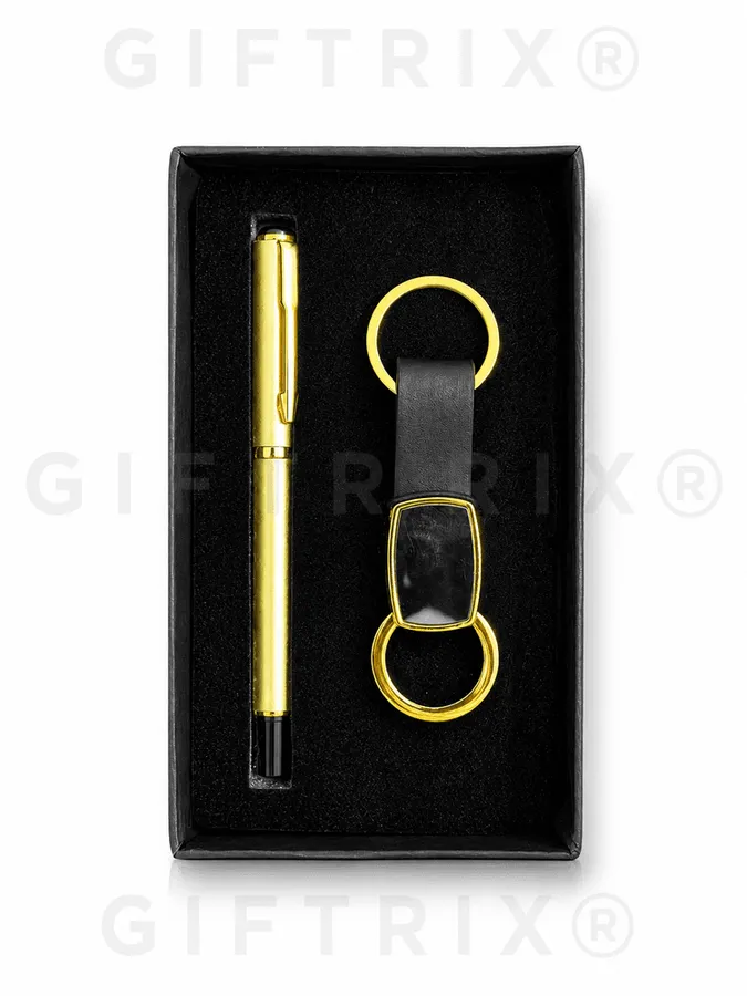 Gold Pen & Tan Strap Keychain Set