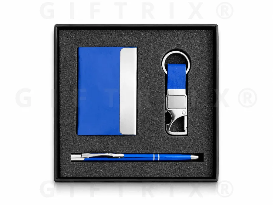 Blue Card Holder, Keychain & Pen Set