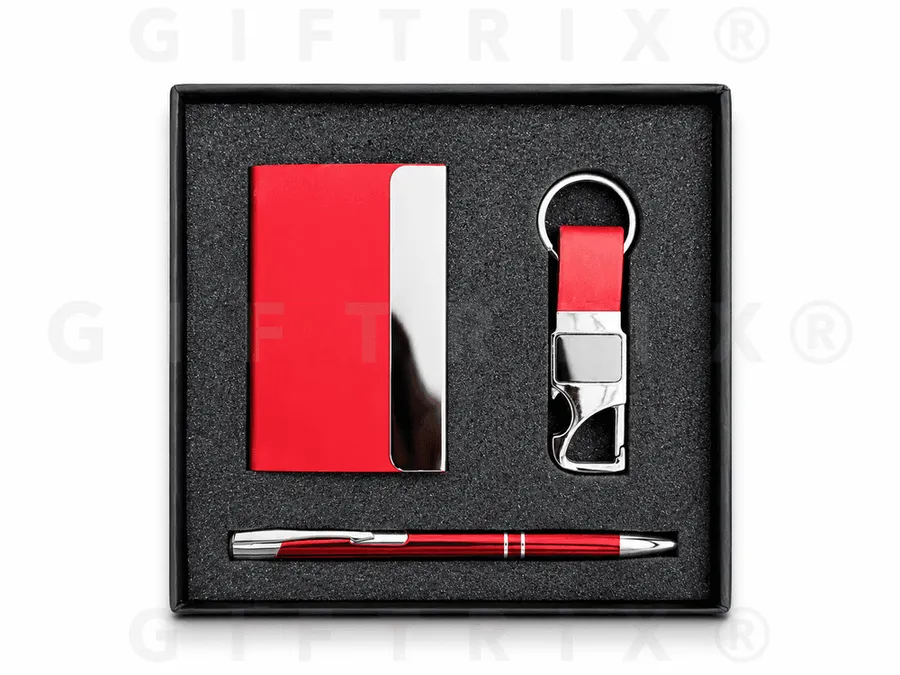 Red Card Holder, Pen & Keychain Set