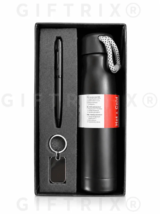 Bottle, pen and keychain gift set