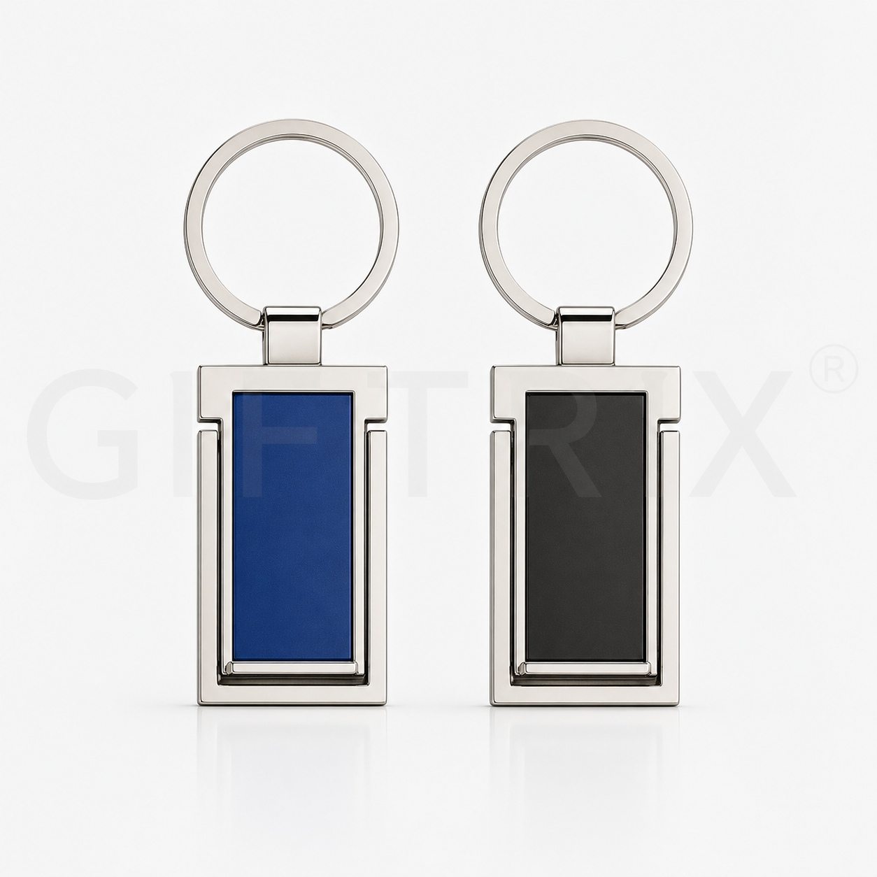 Metal plate keychain duo in blue and black