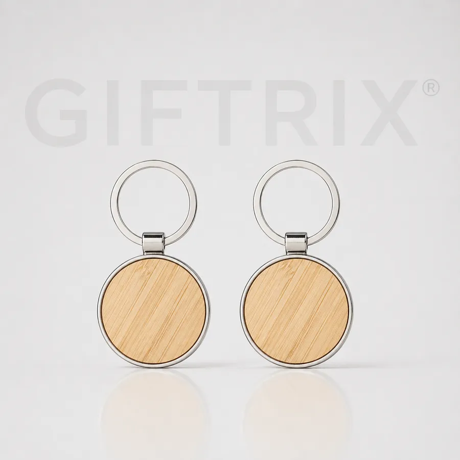Bamboo round keychain with chrome ring