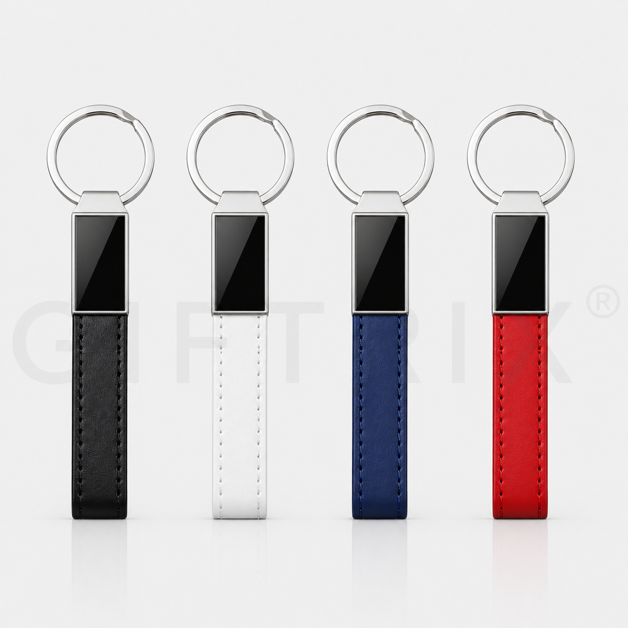 Leather keychain with black plate top in 4 colours