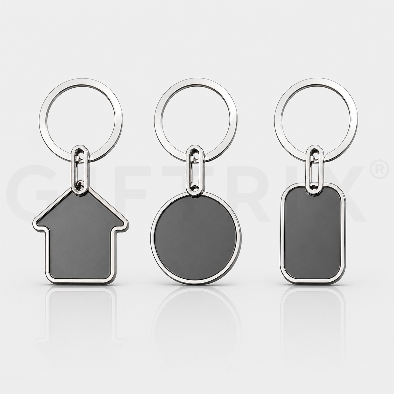Metal shape keychain trio in house round and rectangle