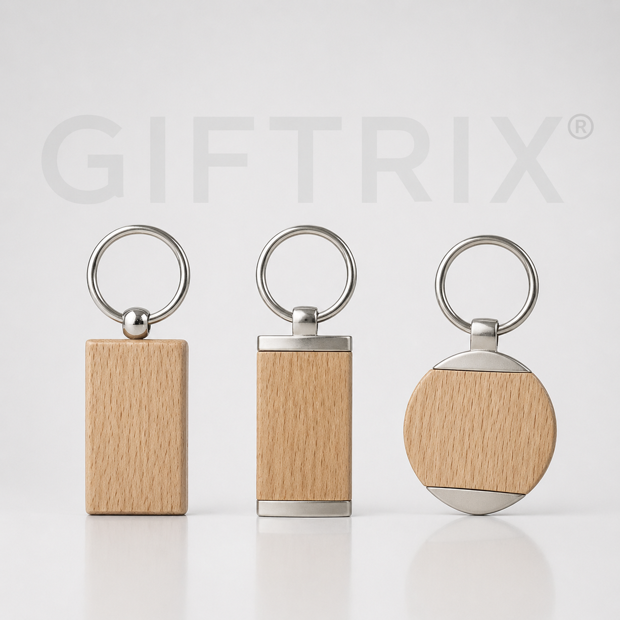 Wooden shapes keychain trio in rectangle and round