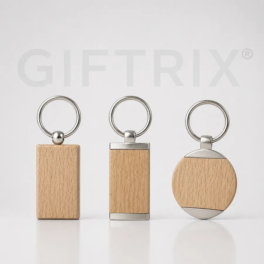 Wooden shapes keychain trio in rectangle and round