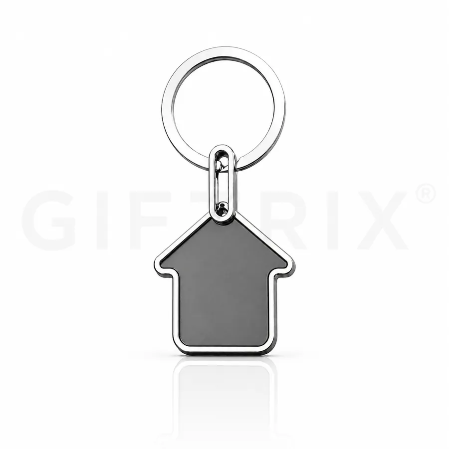 Metal house-shaped keychain — glossy black plate with chrome border