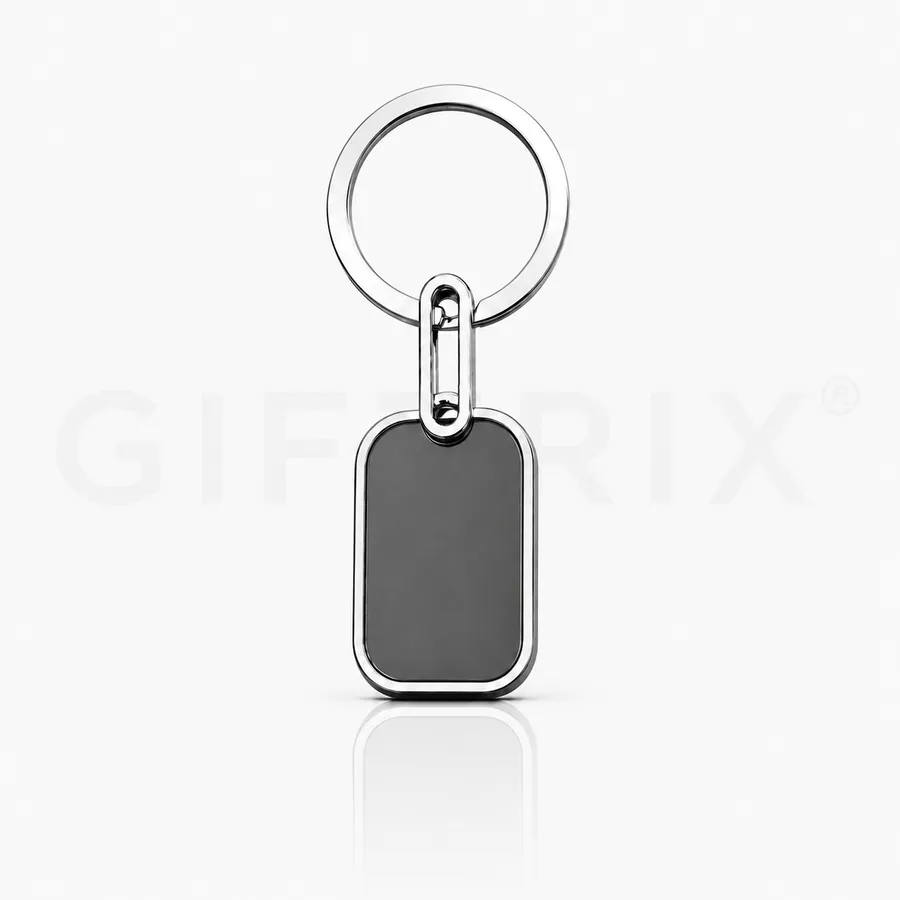 Metal rectangle keychain — glossy black plate with chrome border