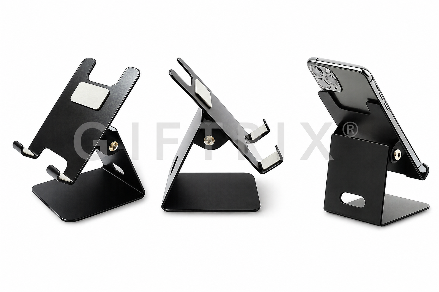 Black aluminium foldable mobile stand with adjustable arm