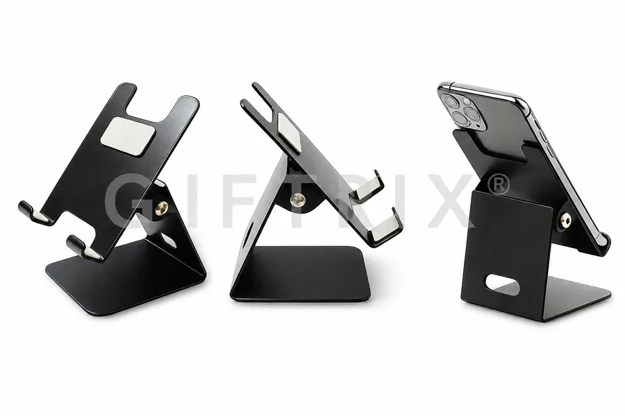 Black aluminium foldable mobile stand with adjustable arm