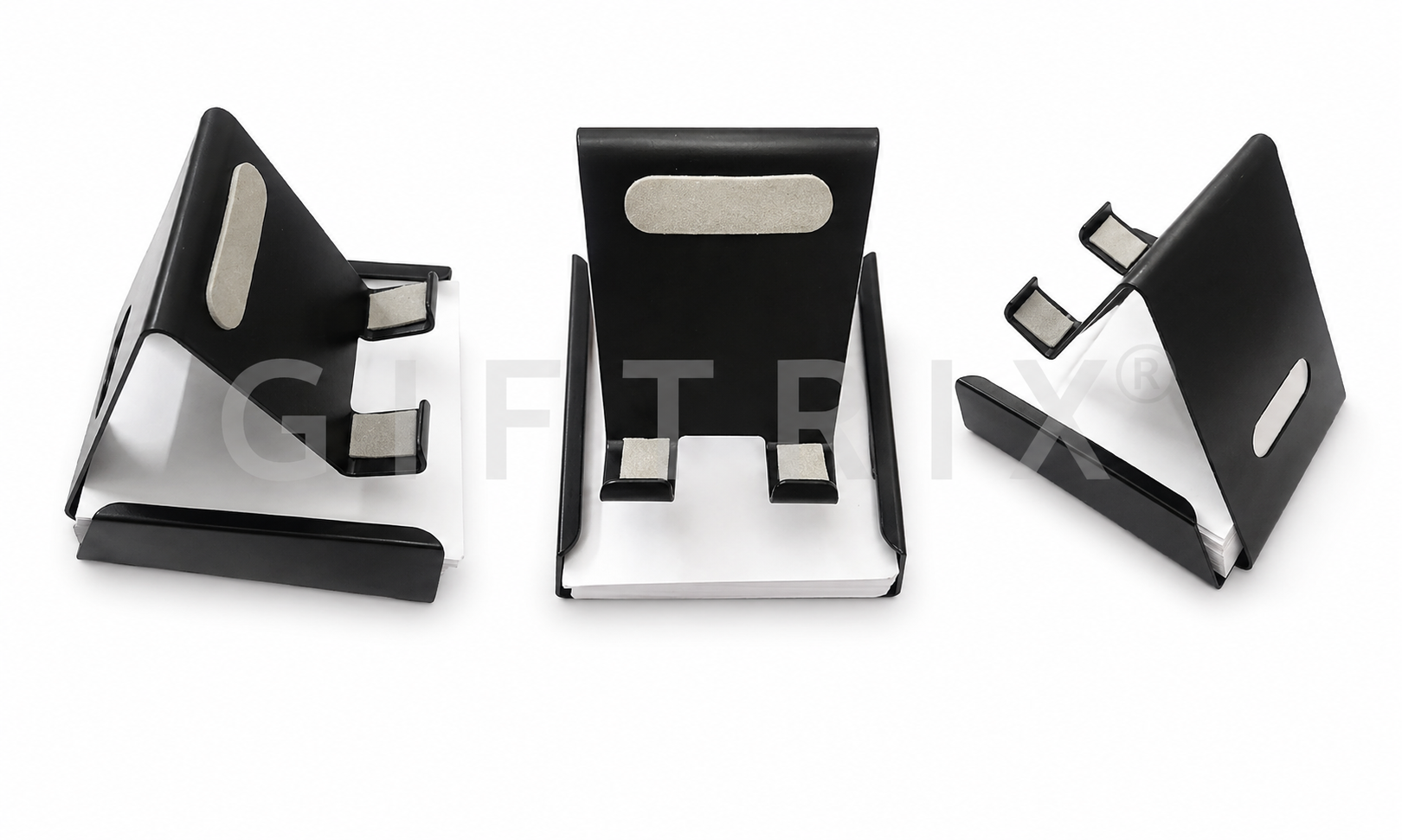 Black and silver compact metal phone stand with rubber pads