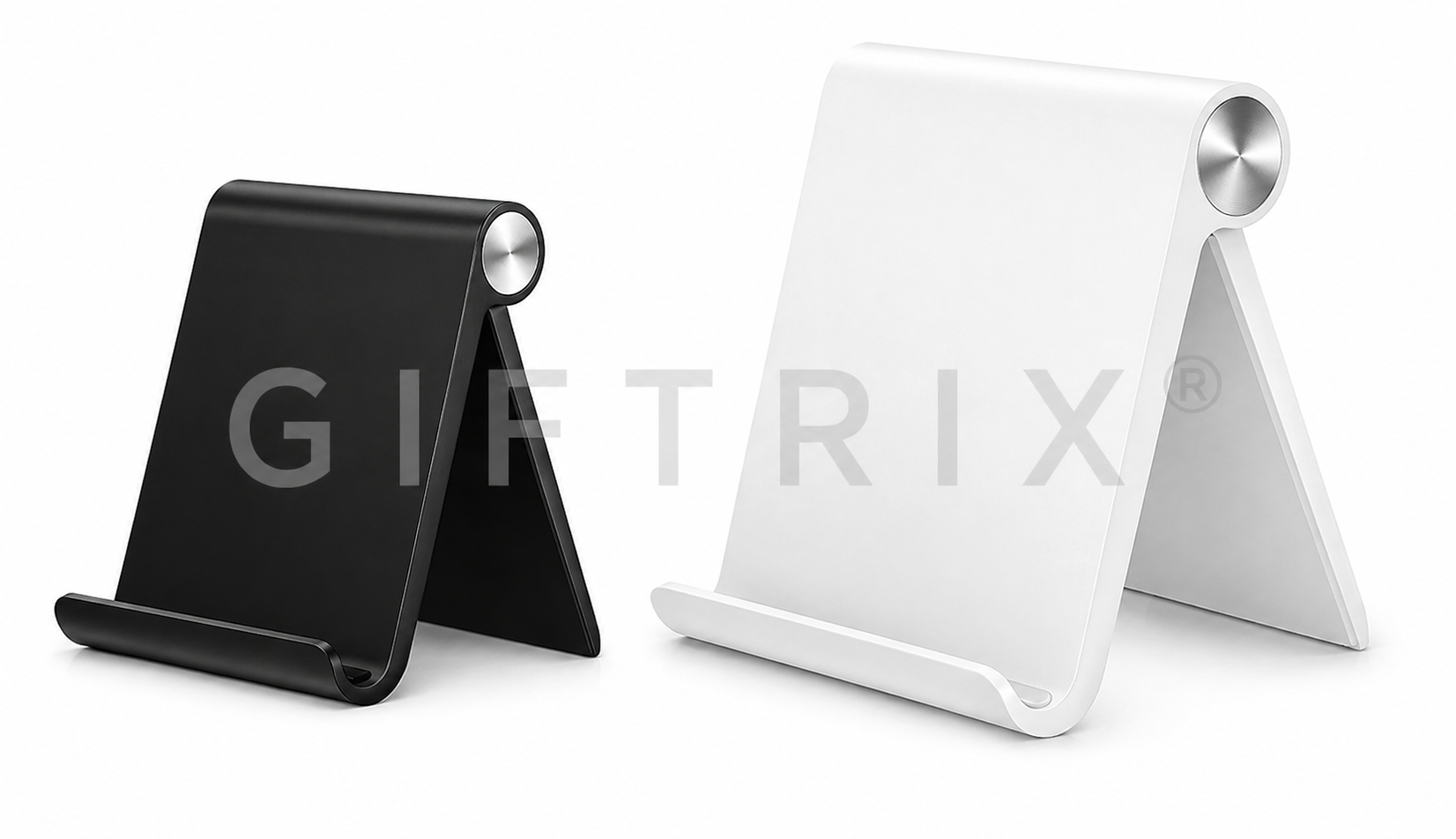 Sleek curved adjustable mobile stand in black and white