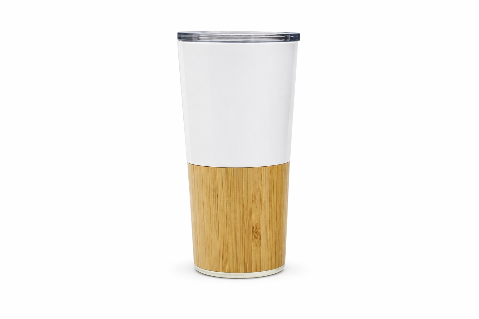 White tall tumbler with bamboo base