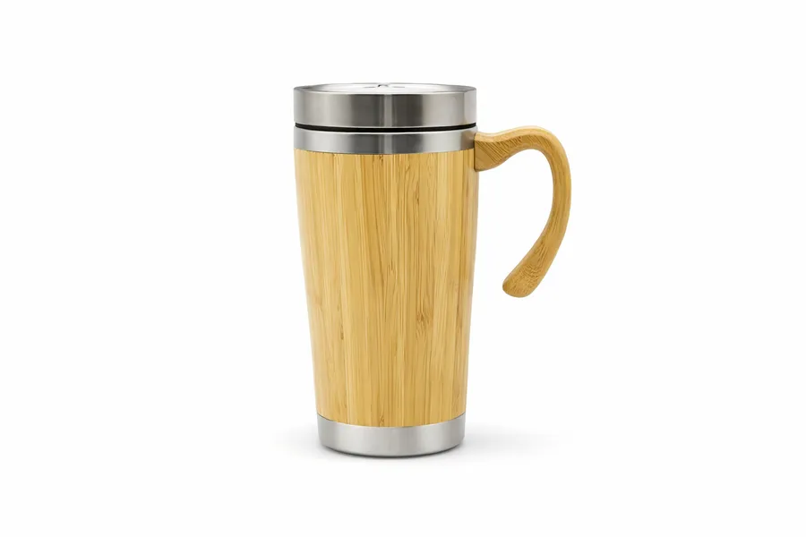 Bamboo travel mug with bamboo handle