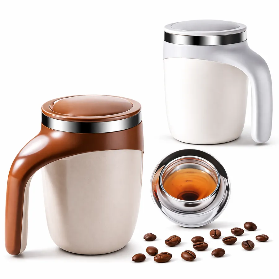 Self-stirring mugs in brown and white