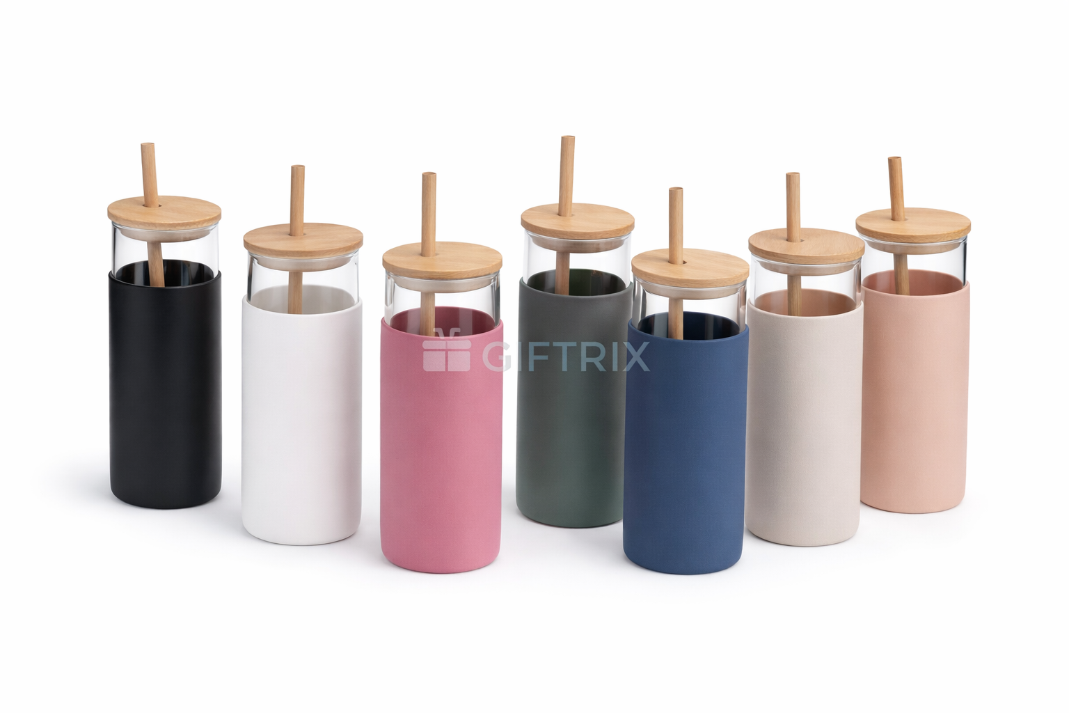 Silicone-sleeve glass cups in 7 colours with bamboo lid