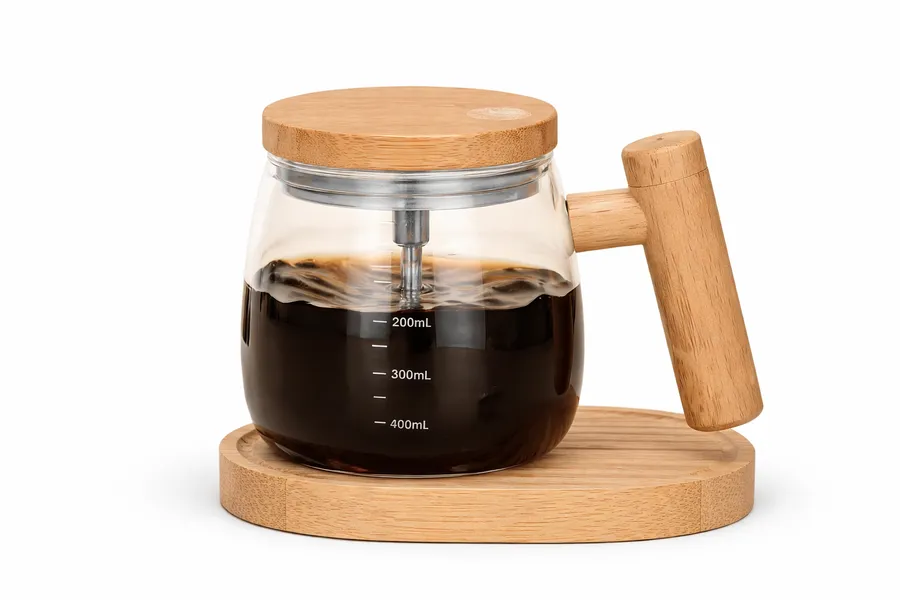 Auto-stirring glass mug with wooden handle and coaster