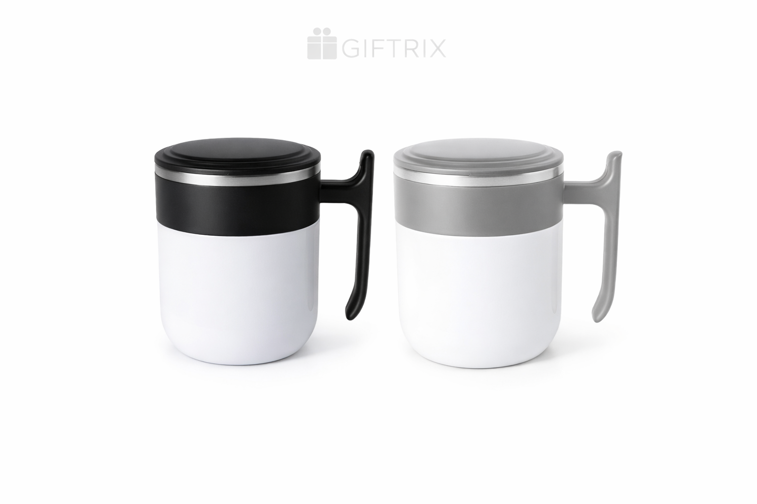 Office side-handle mugs with flip lid in black and grey