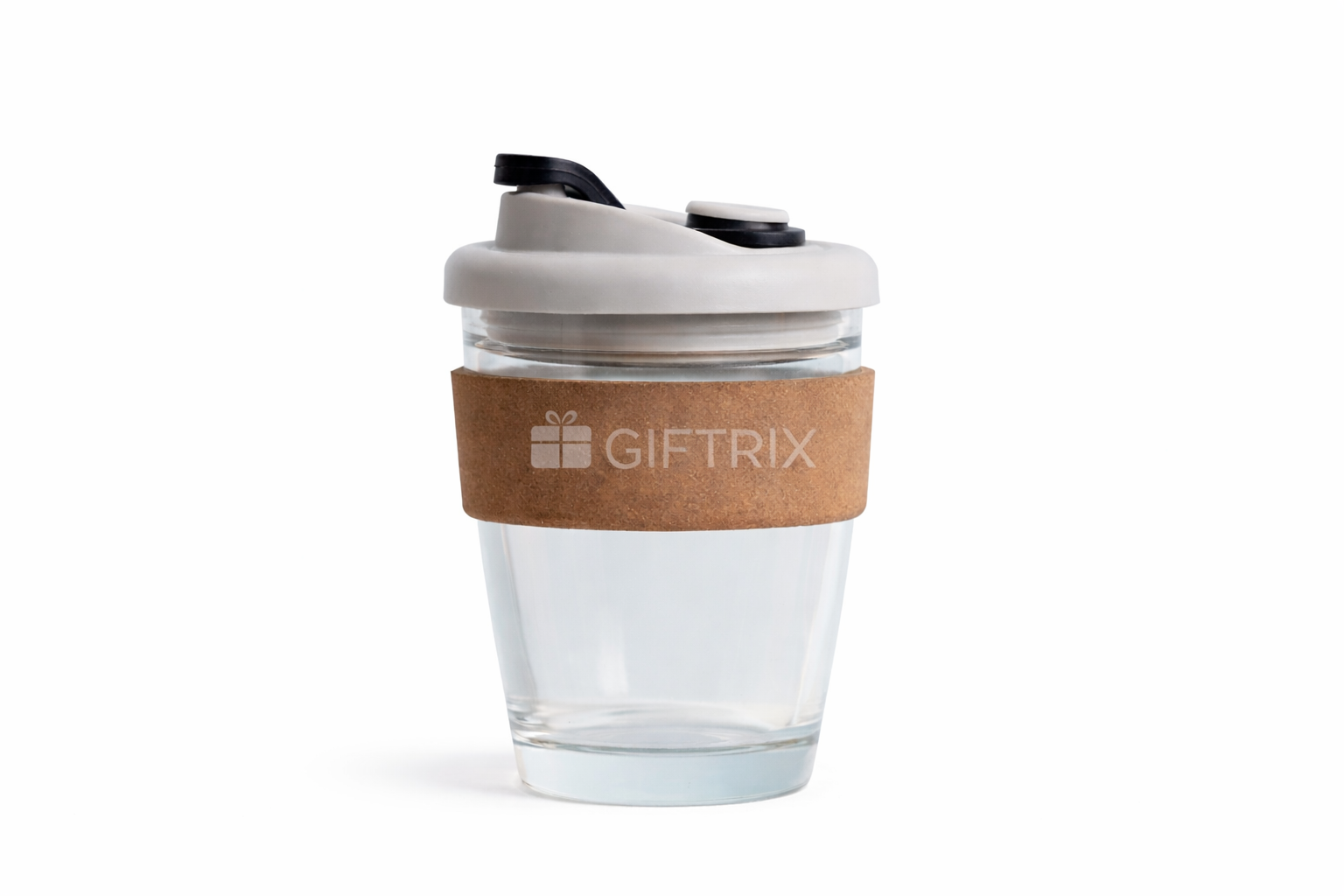 Glass keep cup with cork sleeve and grey flip lid