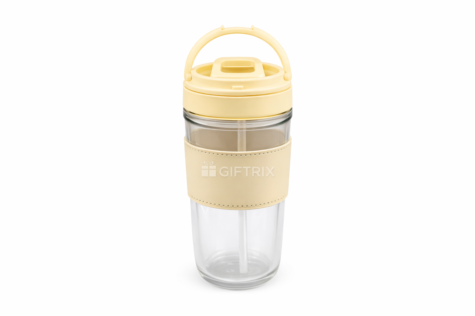 Glass travel cup with beige leather sleeve and loop handle
