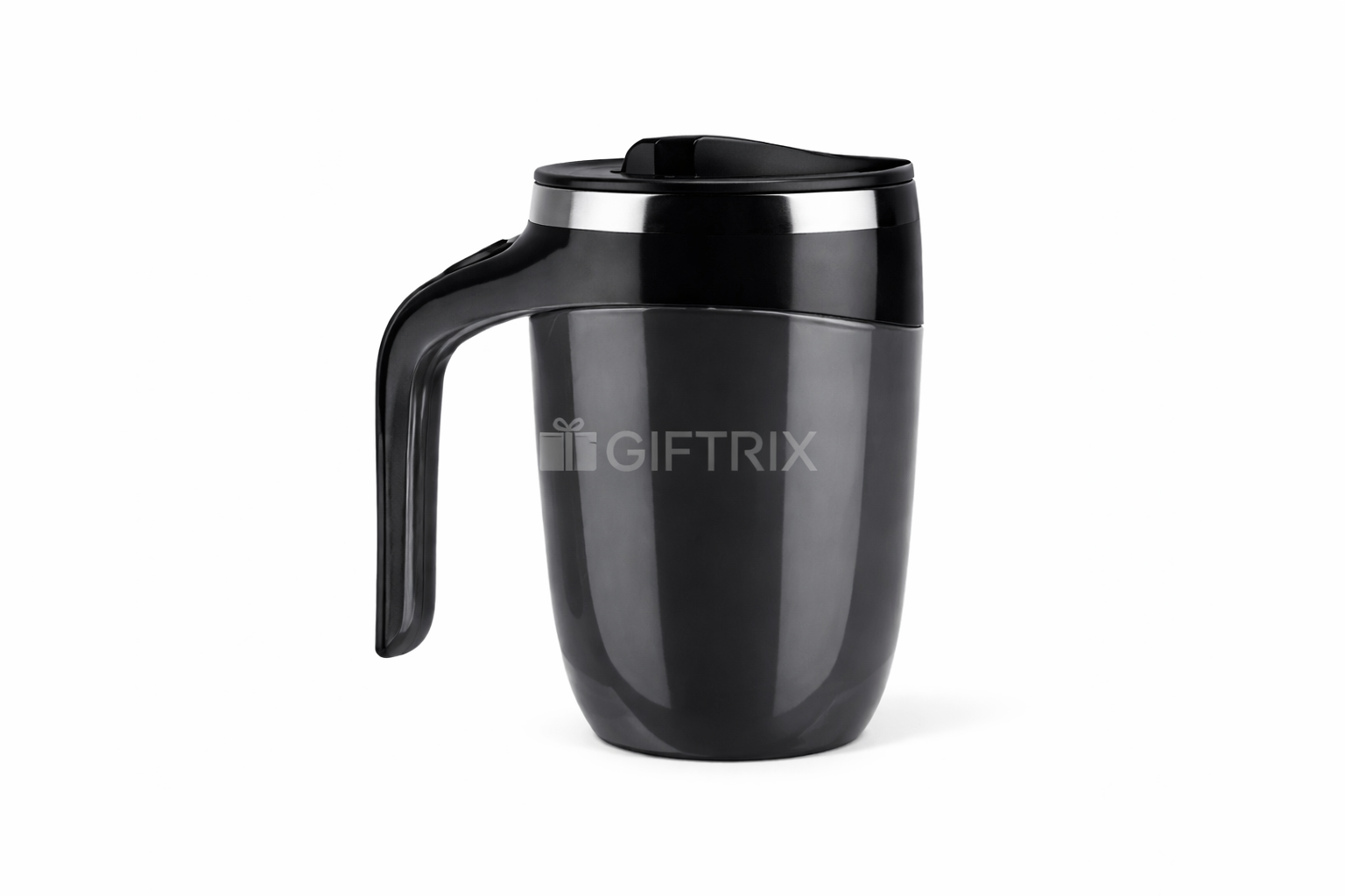 Black curved-handle travel mug with flip lid