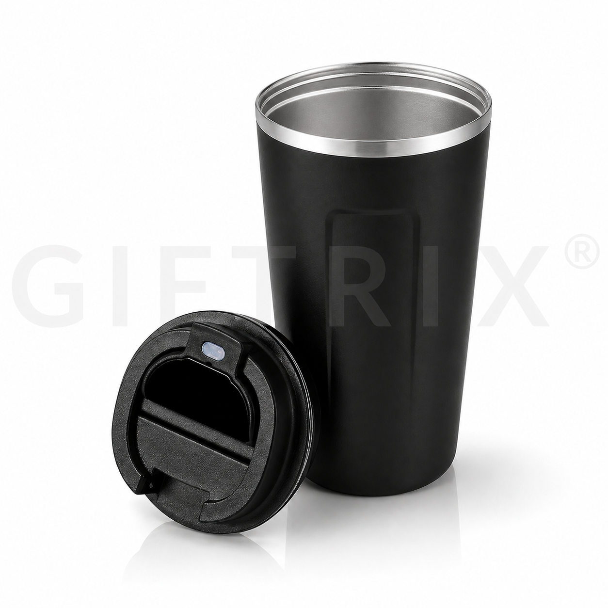 Sleek black insulated travel mug with flip-spout lid