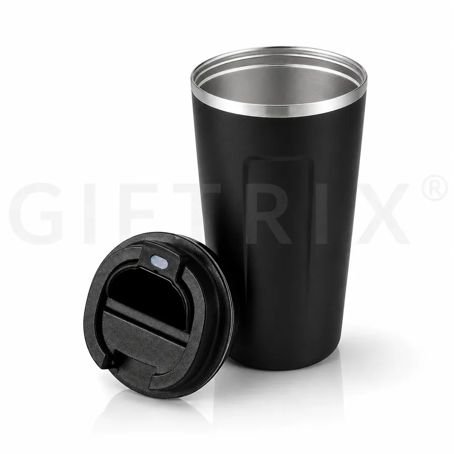 Sleek black insulated travel mug with flip-spout lid