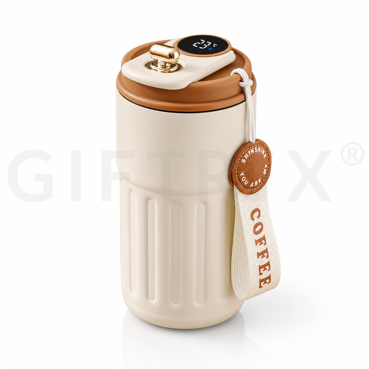 Cream smart digital coffee tumbler with LED temperature display and leather strap