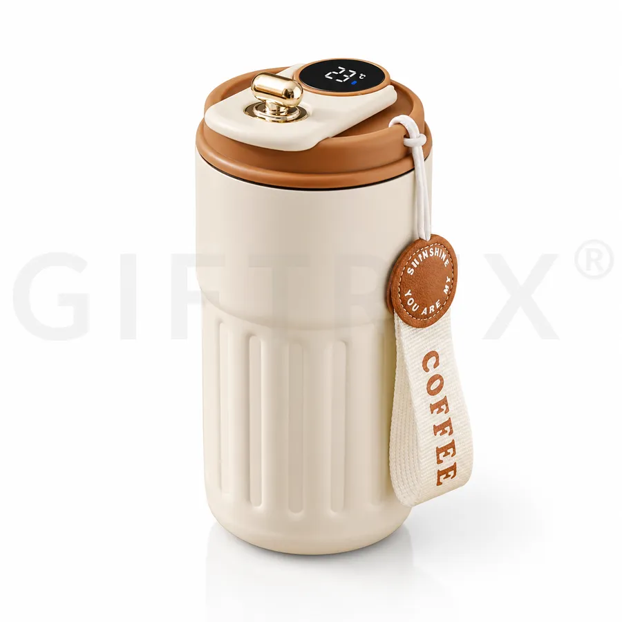 Cream smart digital coffee tumbler with LED temperature display and leather strap
