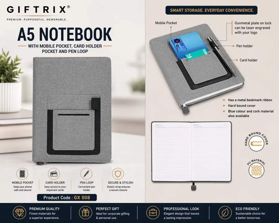 A5 Notebook with Mobile Pocket, Card Holder & Pen Loop