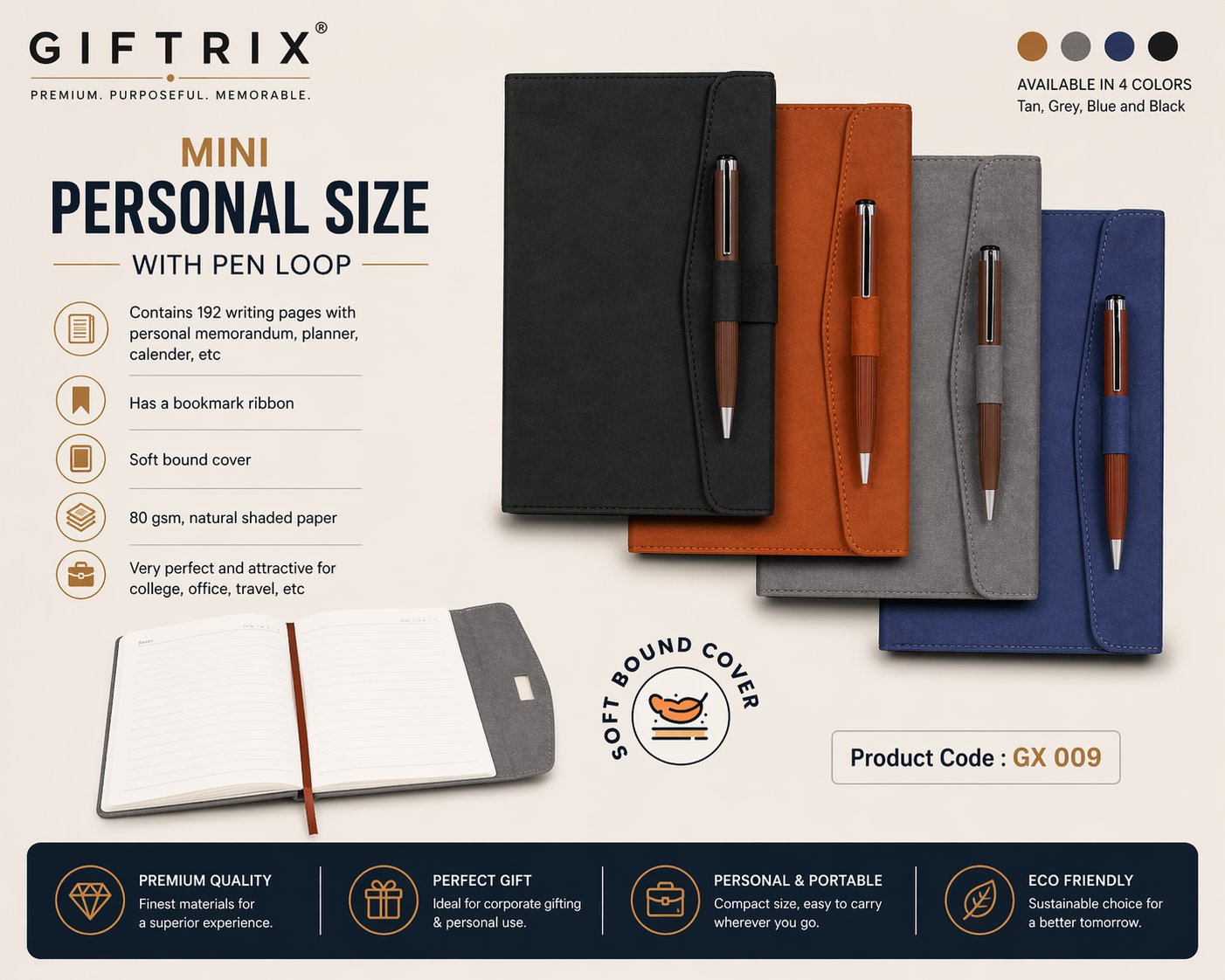 Mini Personal Size notebook in 4 colours