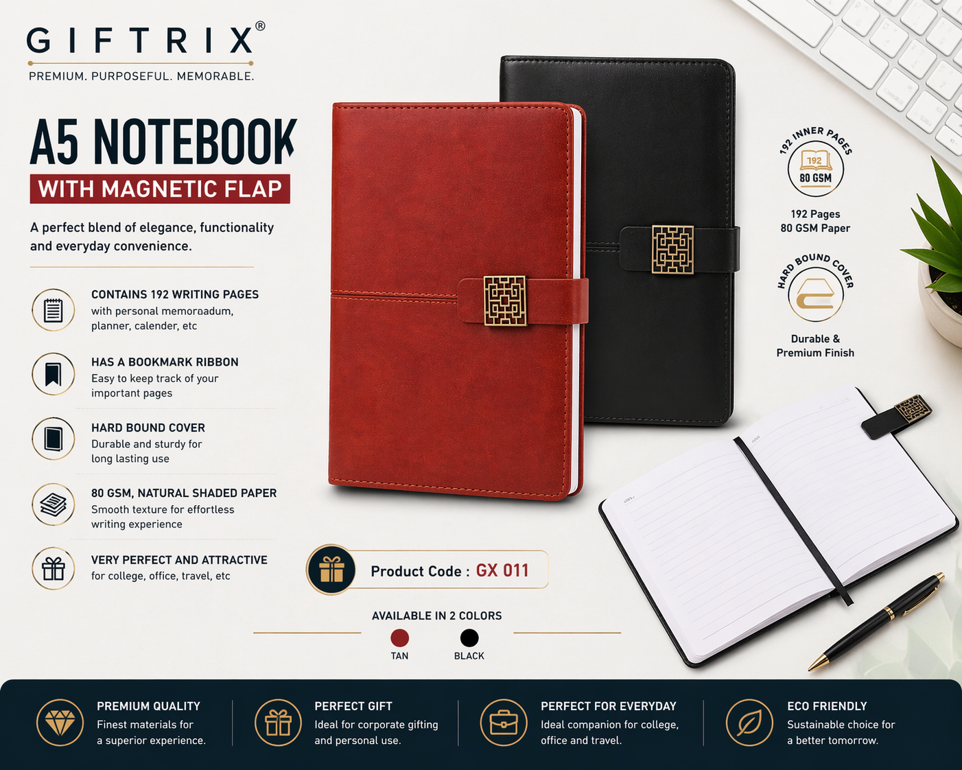 A5 Notebook with Magnetic Flap in tan and black