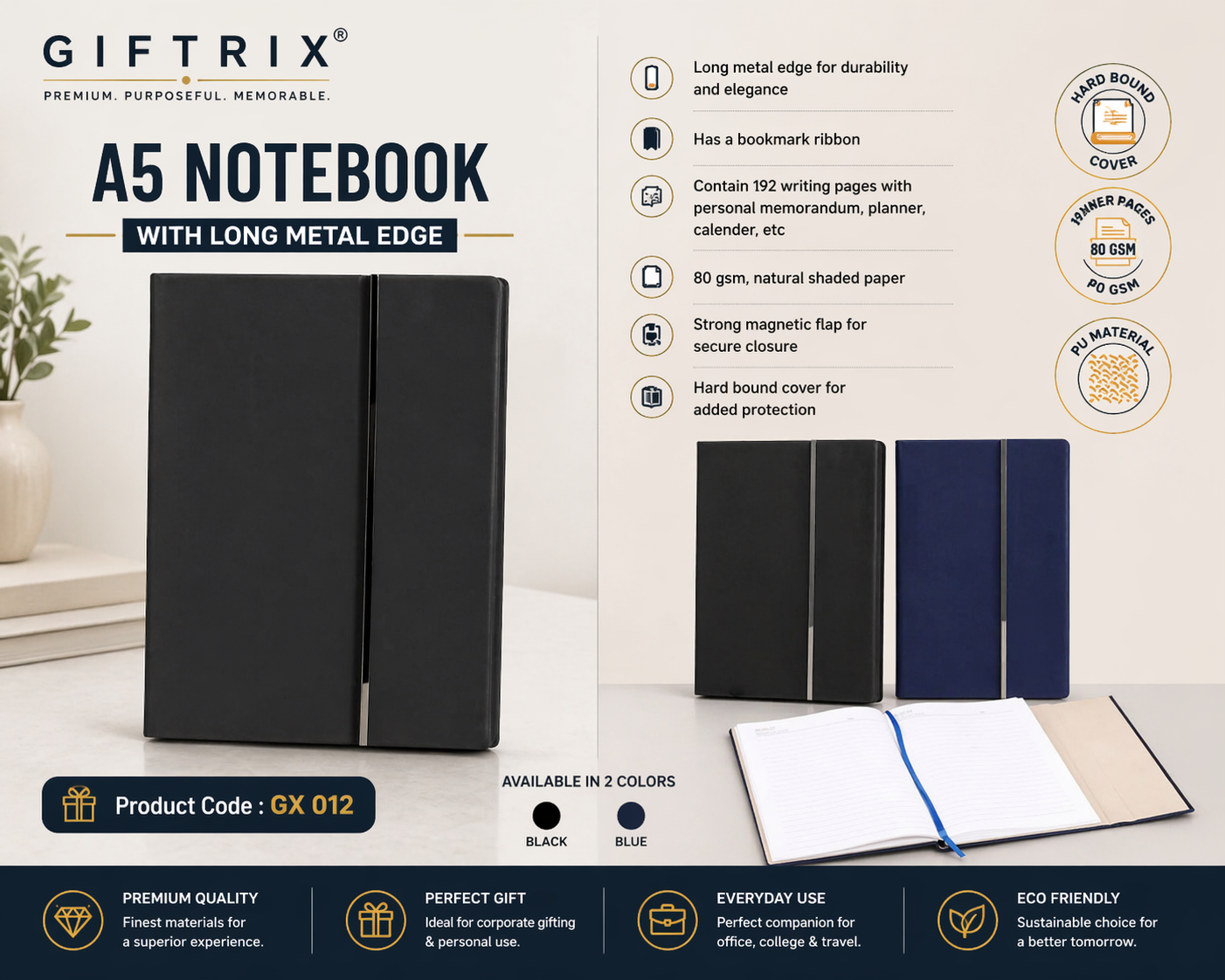 A5 Notebook with Long Metal Edge in black and blue