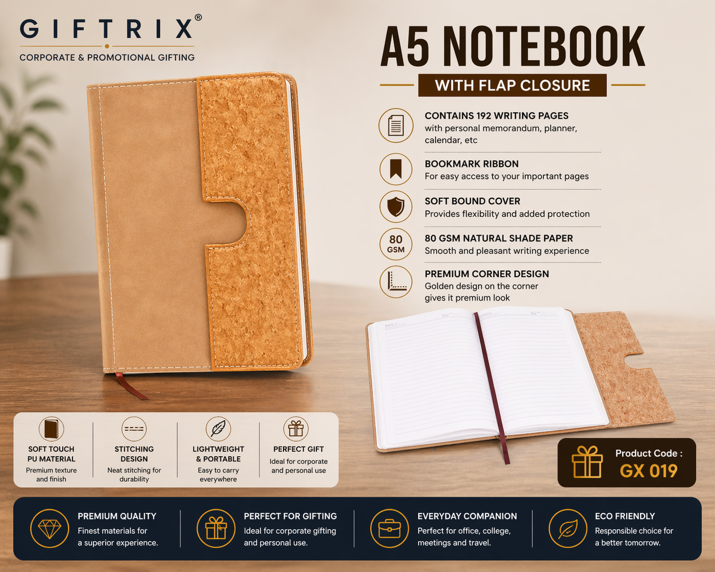 A5 Notebook with Flap Closure in cork tone