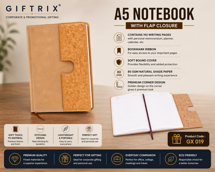 A5 Notebook with Flap Closure in cork tone