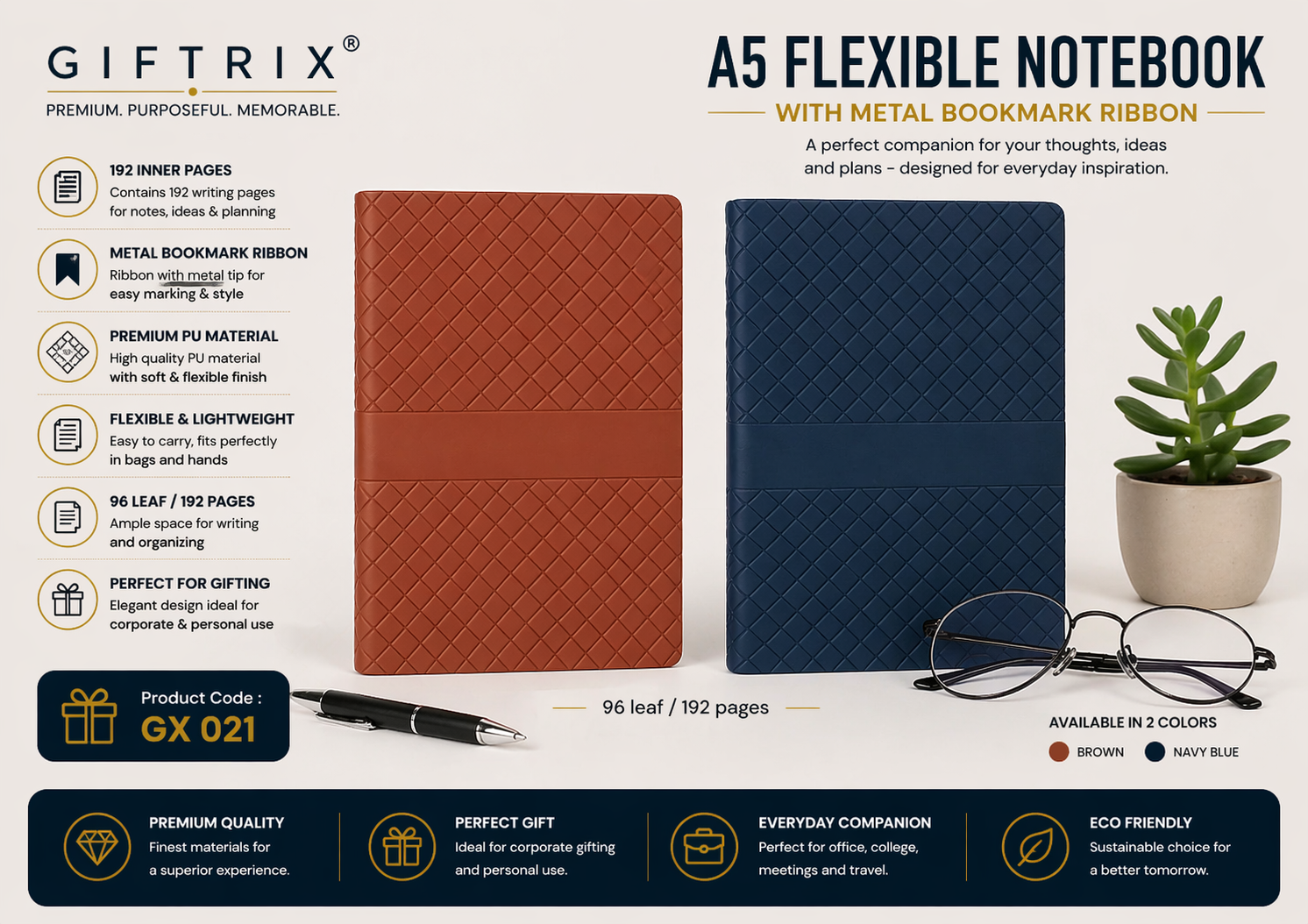 A5 Flexible Notebook with Metal Bookmark Ribbon in brown and navy