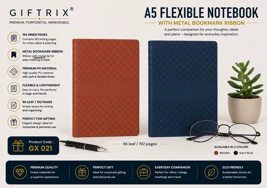A5 Flexible Notebook with Metal Bookmark Ribbon in brown and navy