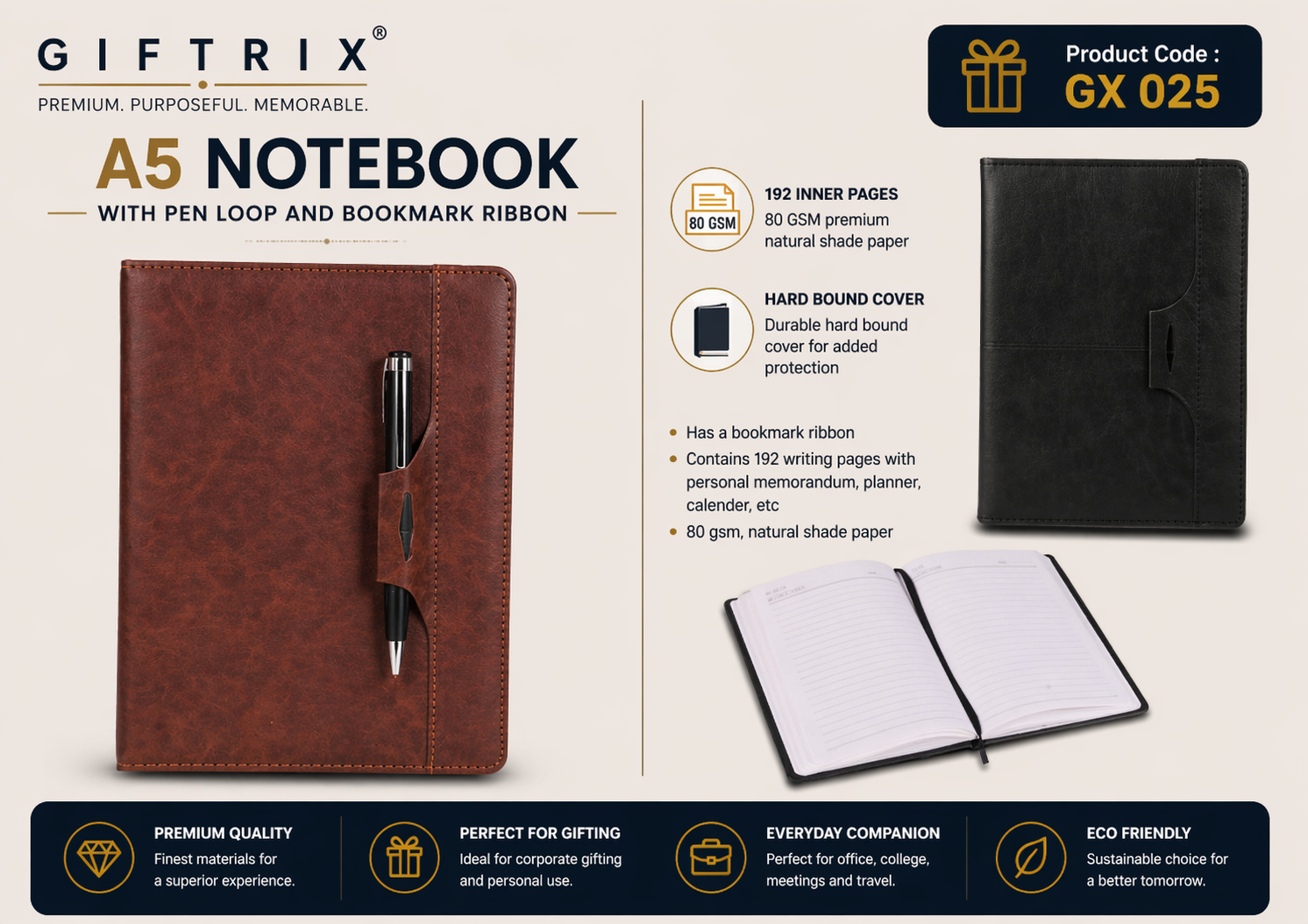 A5 Notebook with Pen Loop and Bookmark Ribbon in brown and black
