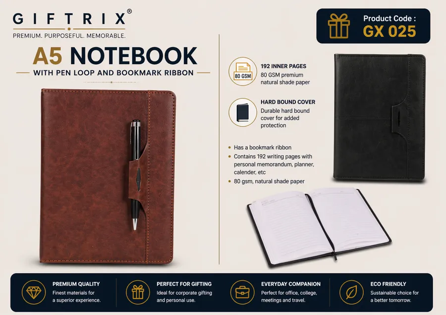 A5 Notebook with Pen Loop and Bookmark Ribbon in brown and black