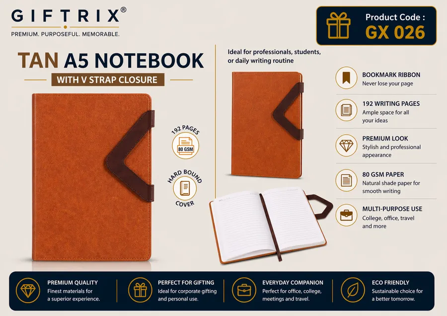 Tan A5 Notebook with V Strap Closure