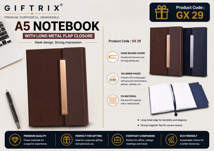 A5 Notebook with Long Metal Flap Closure in brown