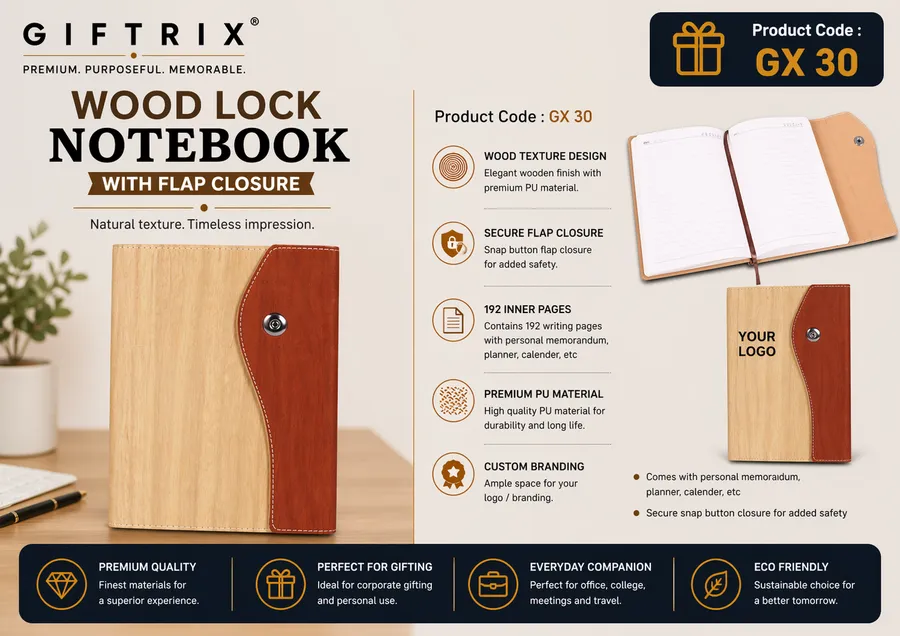 Wood Lock Notebook with Flap Closure in natural wood