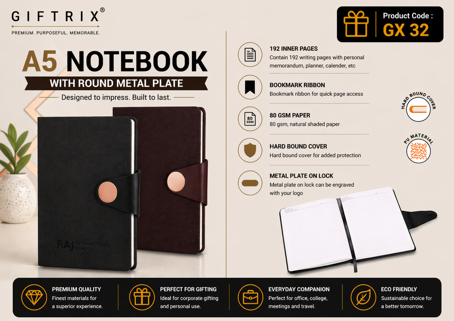 A5 Notebook with Round Metal Plate in black and brown