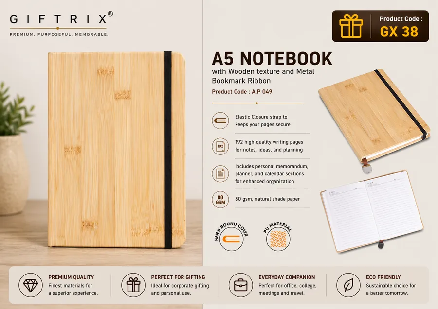 A5 Notebook with Wooden Texture and Metal Bookmark Ribbon