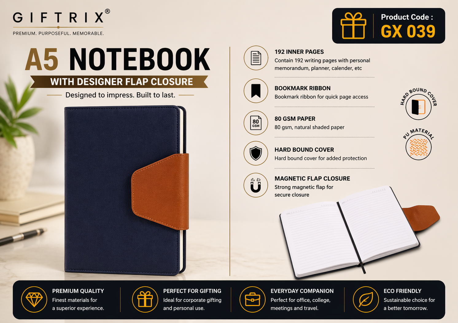 A5 Notebook with Designer Flap Closure in navy and tan