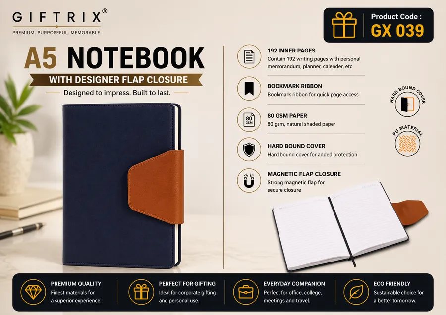 A5 Notebook with Designer Flap Closure in navy and tan