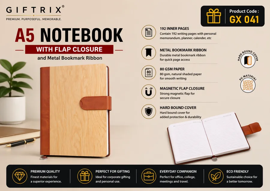 A5 Notebook with Flap Closure and Metal Bookmark Ribbon in wood-grain tan