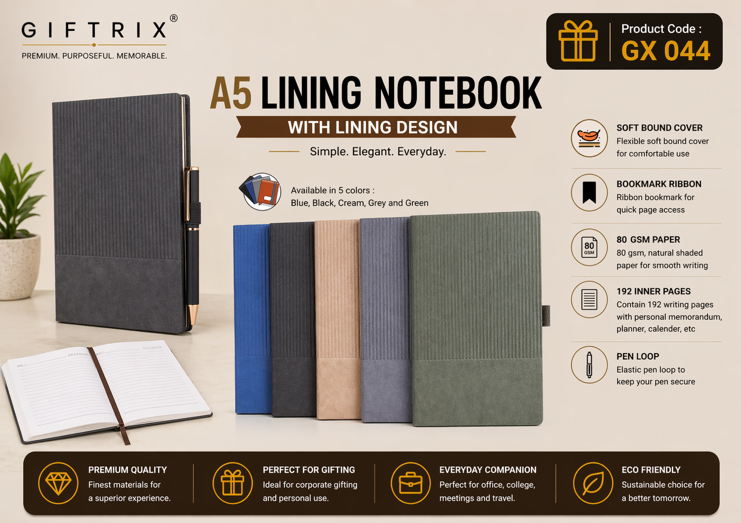 A5 Lining Notebook with Lining Design in 5 colours