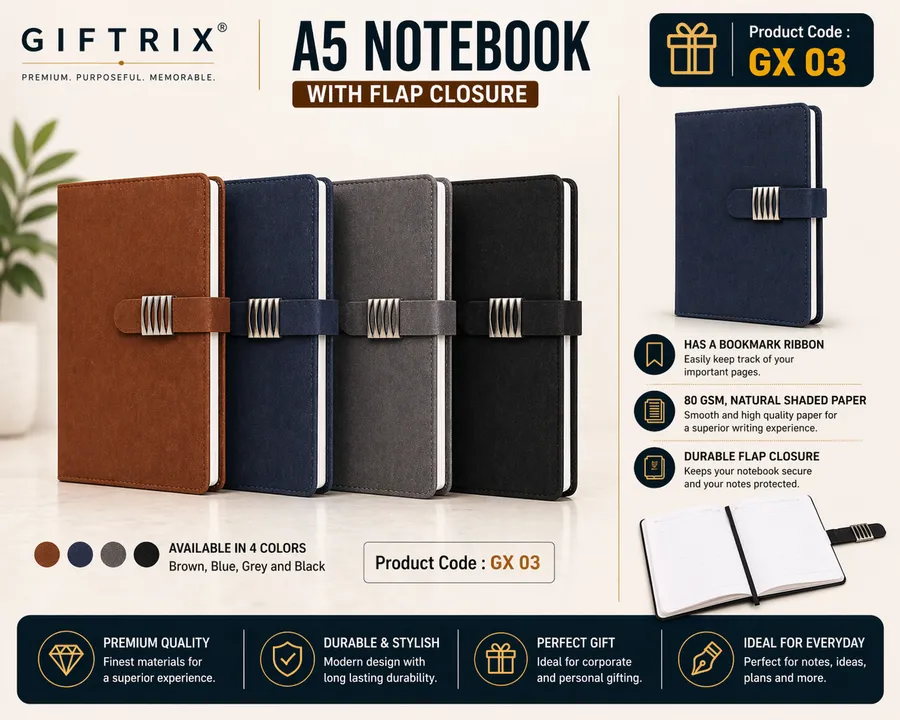 A5 Notebook with Flap Closure in 4 colours